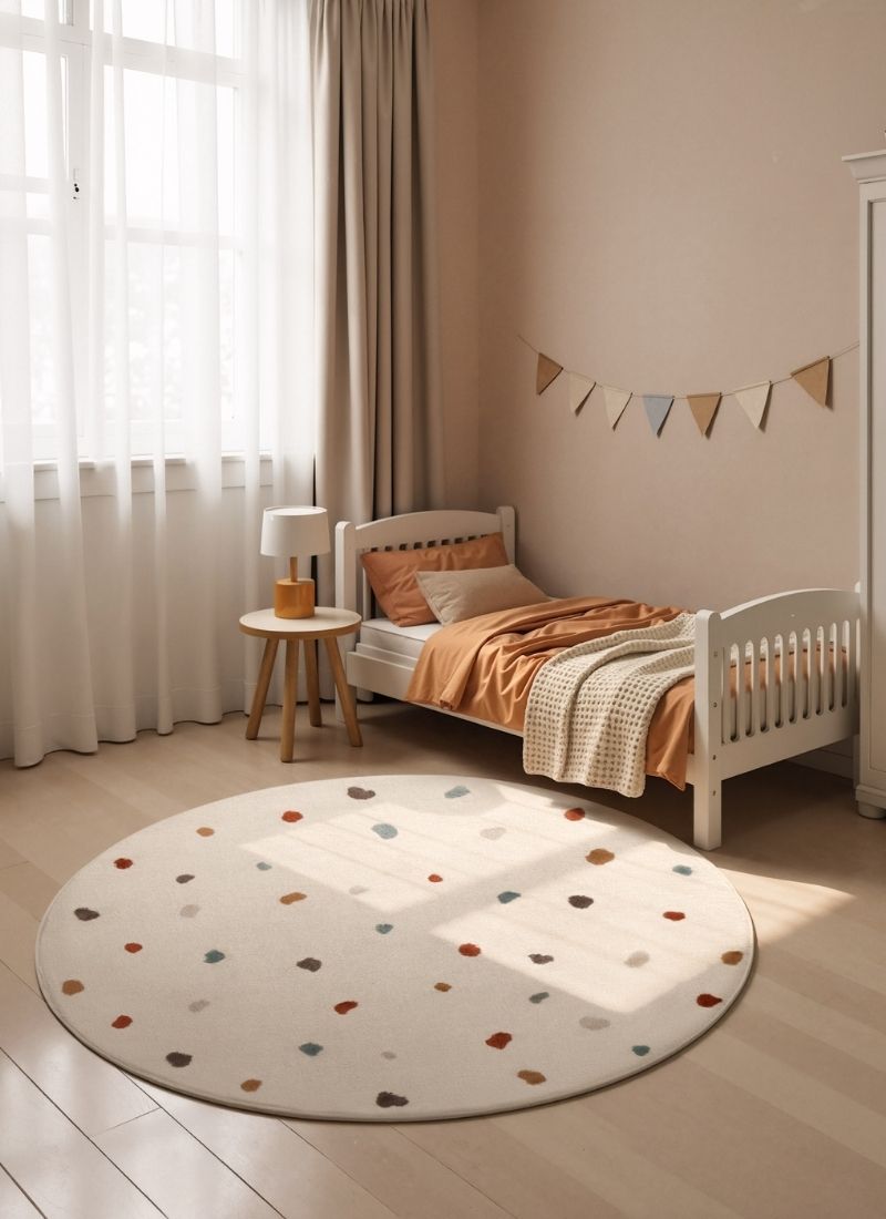 Round Kids Rug with Colourful Dots in a Soft Nursery Room Setting