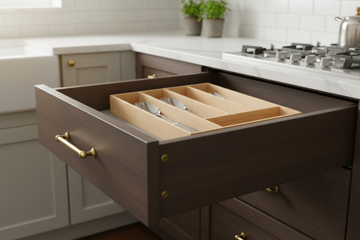 Orsina wooden Cutlery Tray in a kitchen drawer with neatly organised utensils