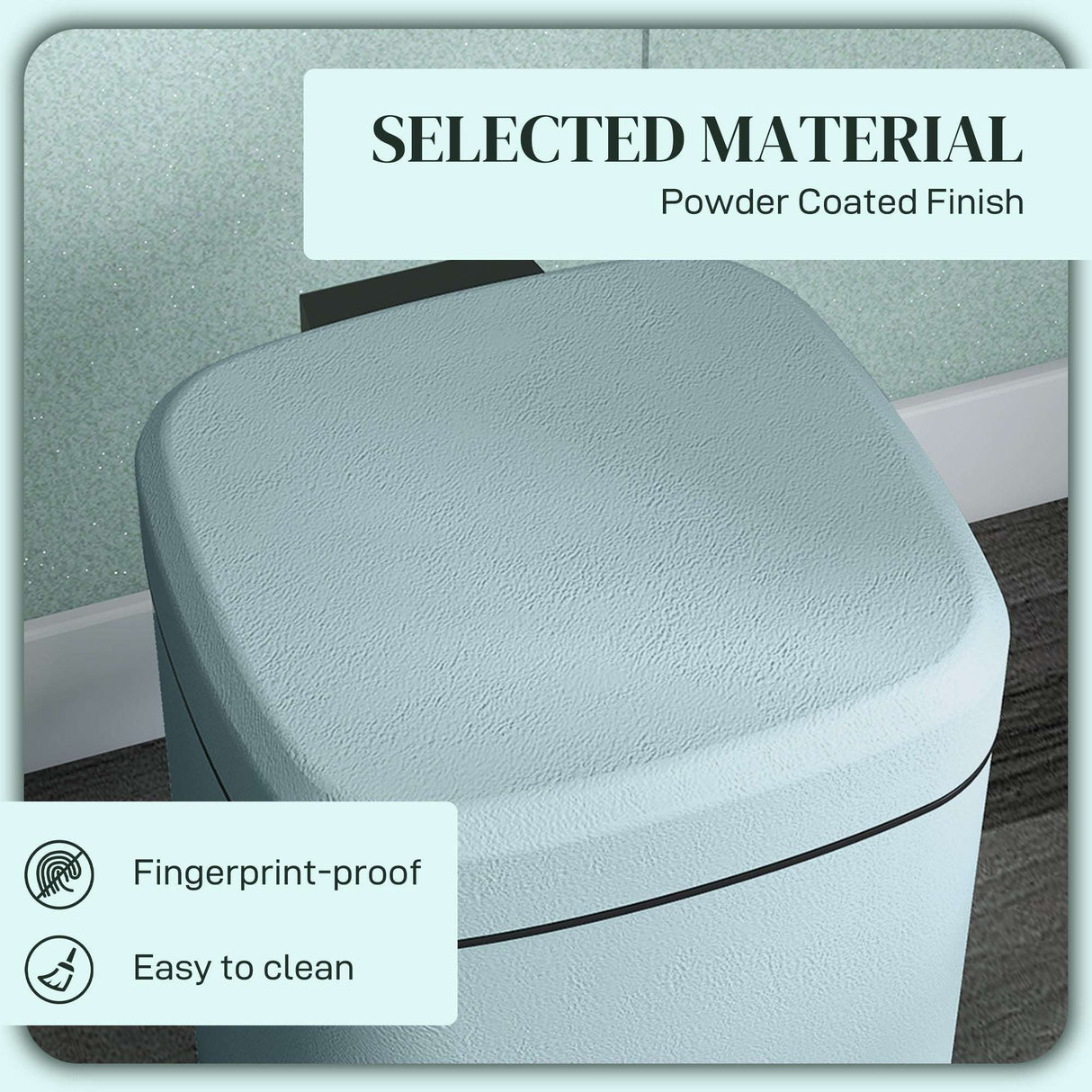 Powder coated kitchen bin in soft blue, fingerprint-proof and easy to clean for modern kitchens