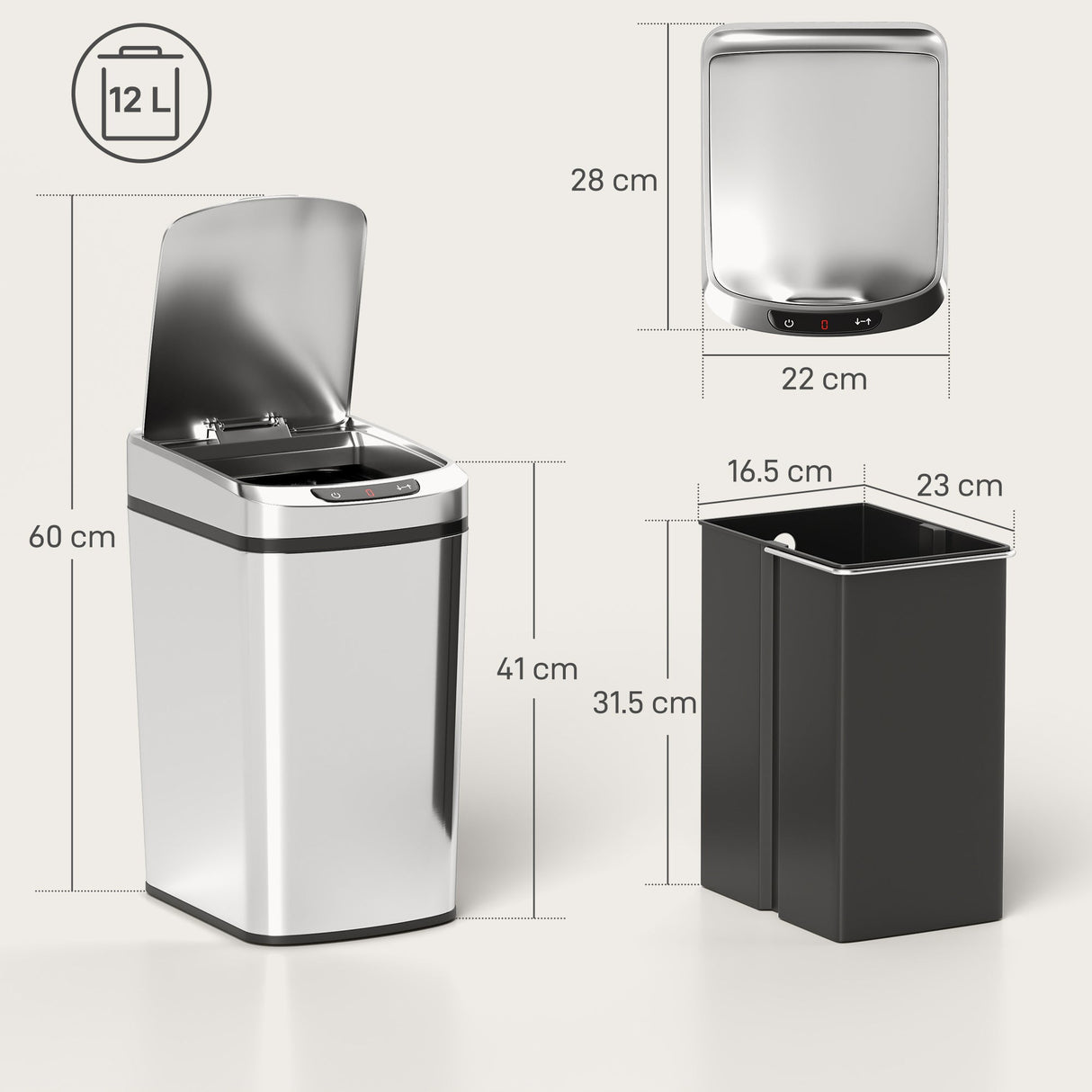 Wise Galleria 12L Kitchen Bin with a sleek design and dimensions for efficient office storage