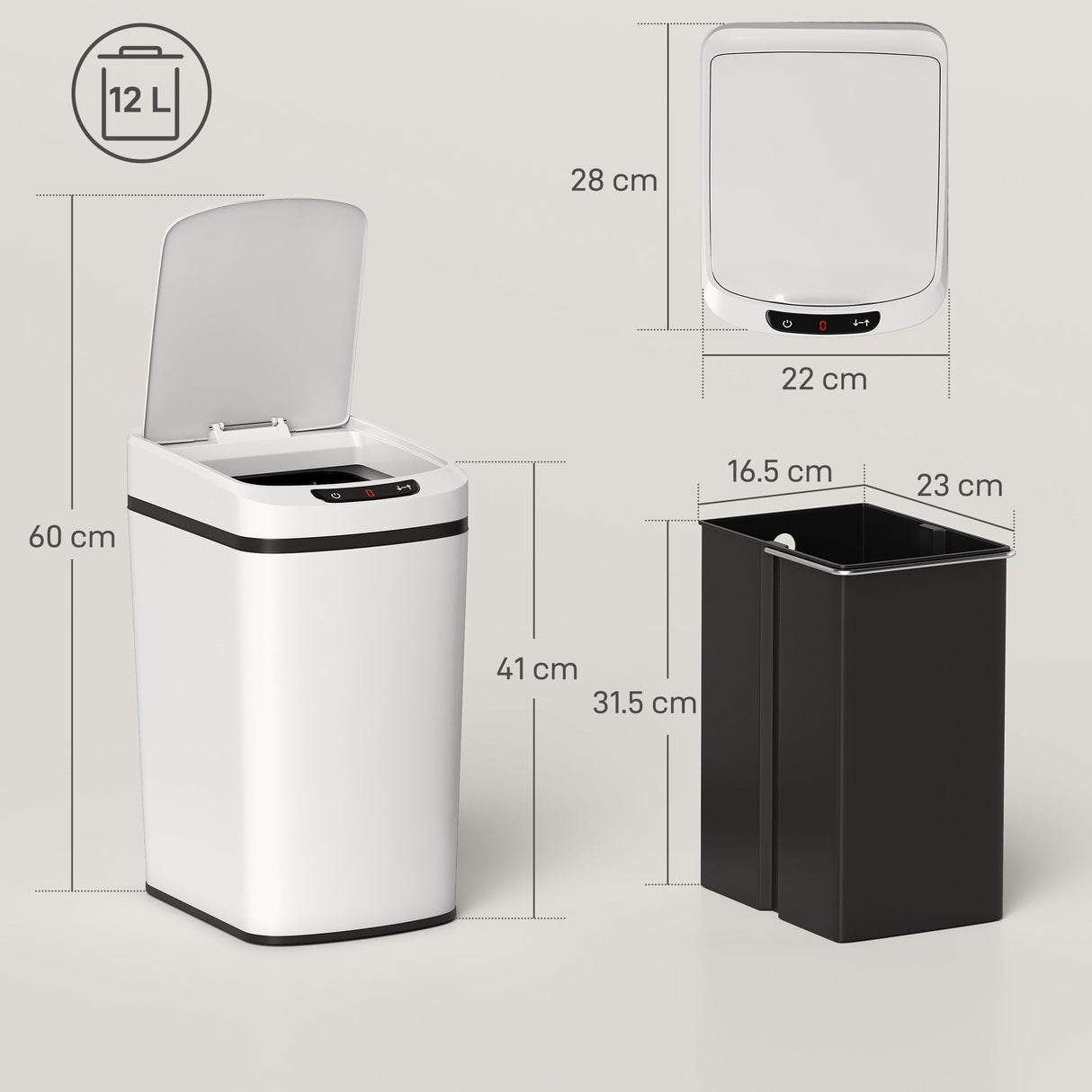 Wise Galleria Kitchen Bin with a 12L capacity, sleek design, and dimensions of 60cm height and 22cm width