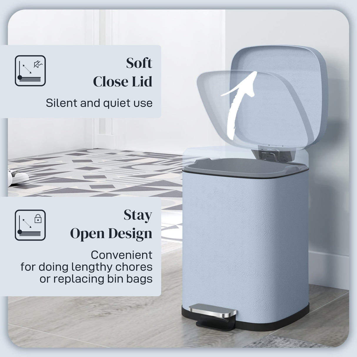 Blue kitchen bin with a soft close lid and stay open design for easy bag replacement