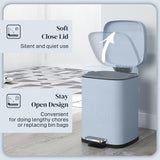 Blue kitchen bin with a soft close lid and stay open design for easy bag replacement