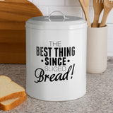 White Orsina Bread Bin with humorous text 'The Best Thing Since Sliced Bread' on kitchen countertop