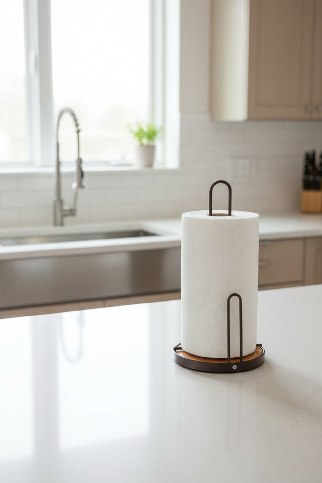 Orsina Kitchen Roll Holder with a wooden base and metal frame, ideal for countertop storage