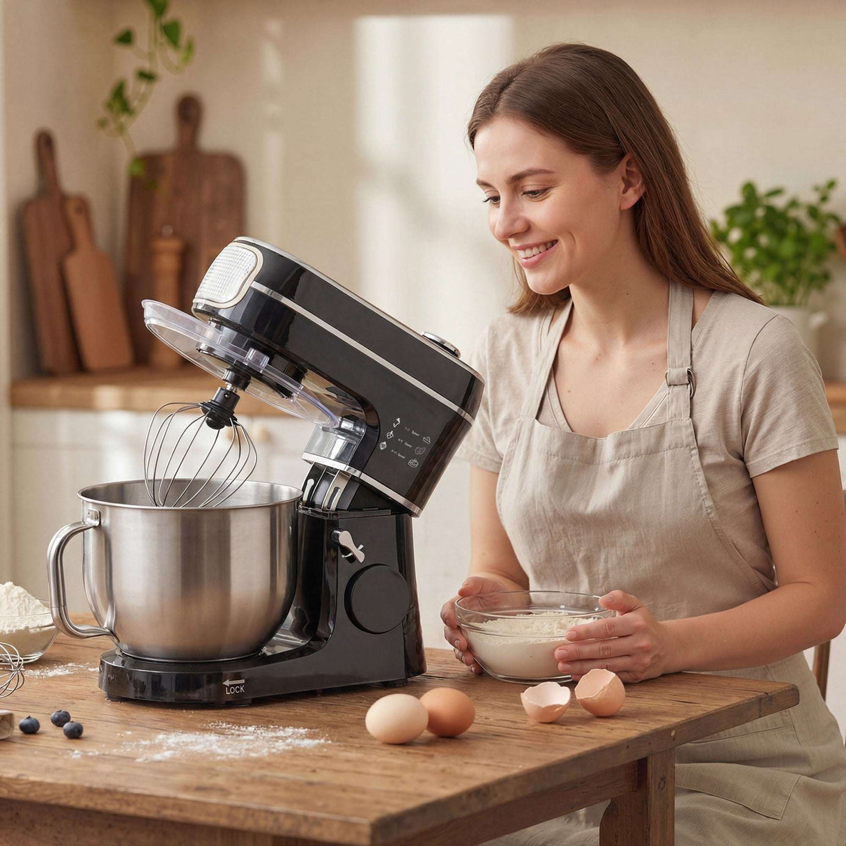 Wise Galleria Stand Mixer with stainless steel bowl, ideal for baking enthusiasts, featuring a whisk attachment