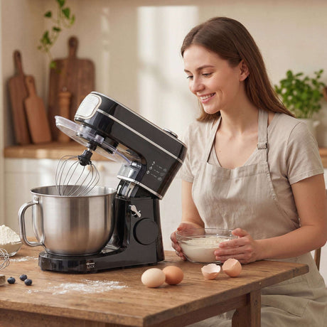 Wise Galleria Stand Mixer with stainless steel bowl, ideal for baking enthusiasts, featuring a whisk attachment