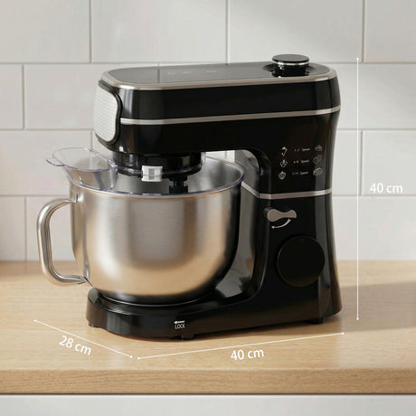 Wise Galleria Stand Mixer in black with stainless steel bowl and user-friendly controls for baking