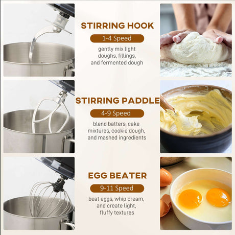 Wise Galleria Stand Mixer with stirring hook, paddle, and egg beater for versatile baking tasks