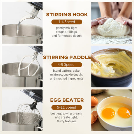 Wise Galleria Stand Mixer with stirring hook, paddle, and egg beater for versatile baking tasks