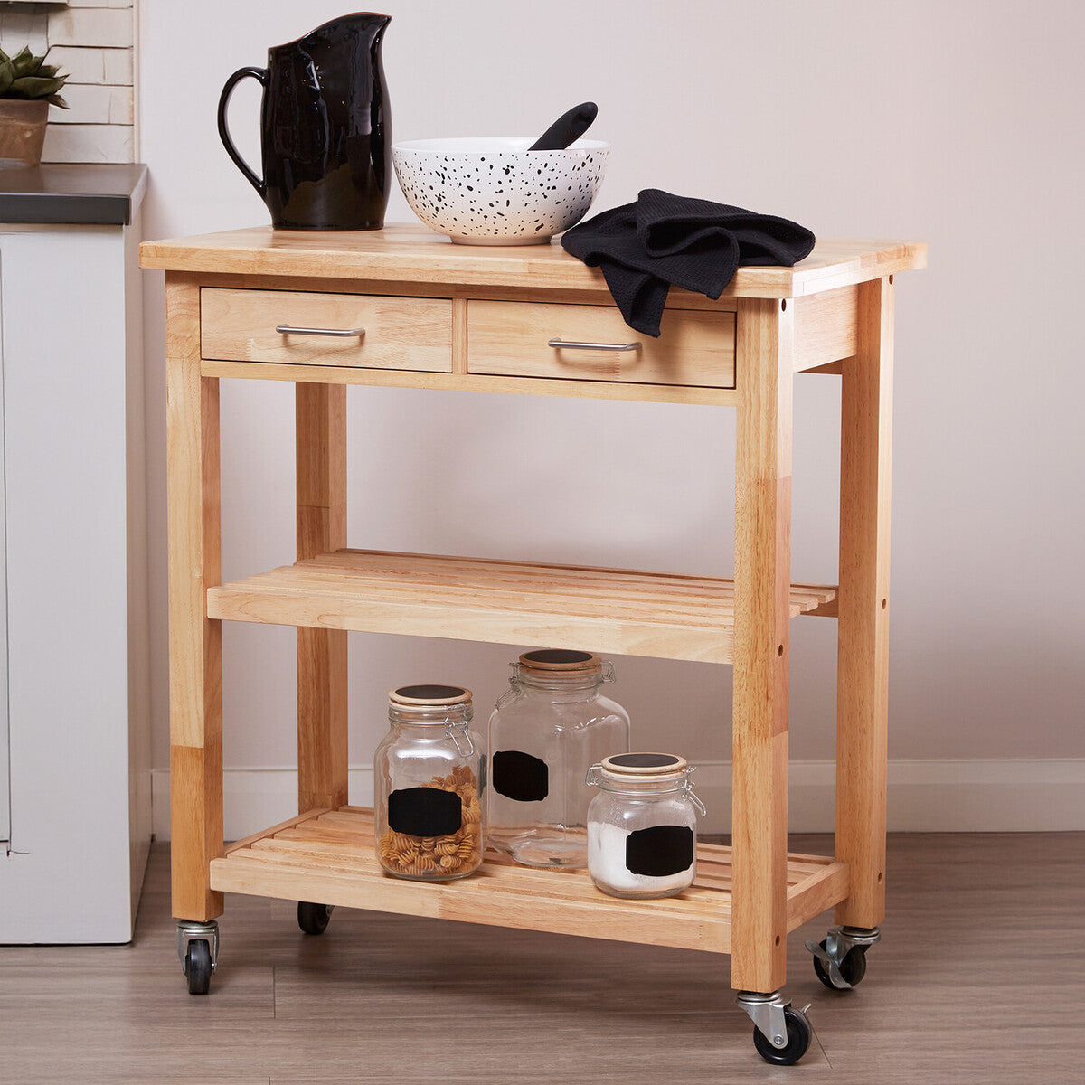 Orsina Kitchen Trolley in wood with two drawers and open shelving for convenient storage