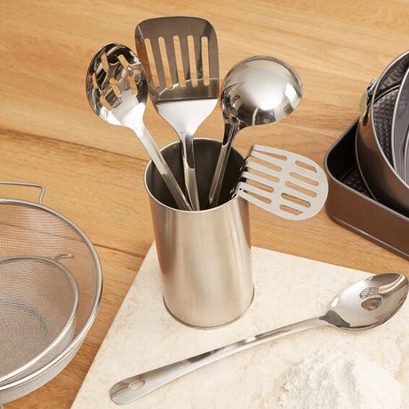 Set of Orsina kitchen utensils in a stainless steel holder including spatulas and serving spoons