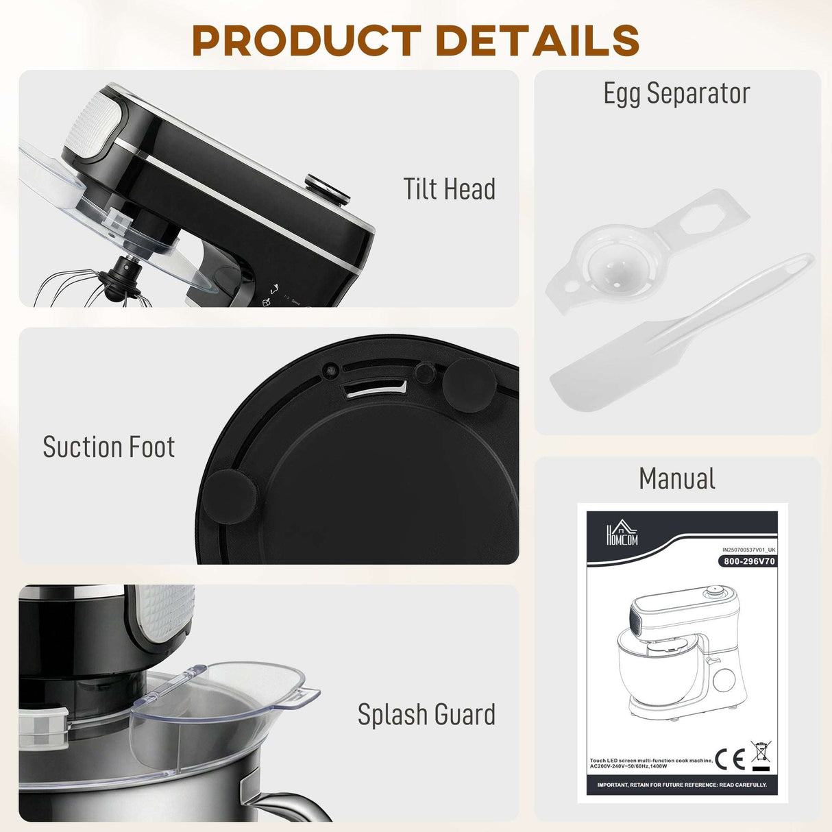 Wise Galleria Stand Mixer with tilt head, suction foot, splash guard, and accessories included