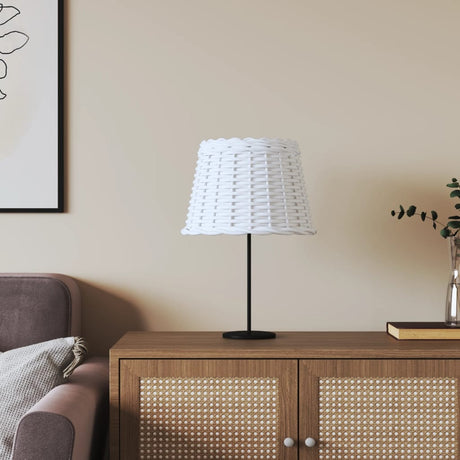 vidaXL White Woven Lamp Shade on a Black Stand in a Modern Living Room Setting
