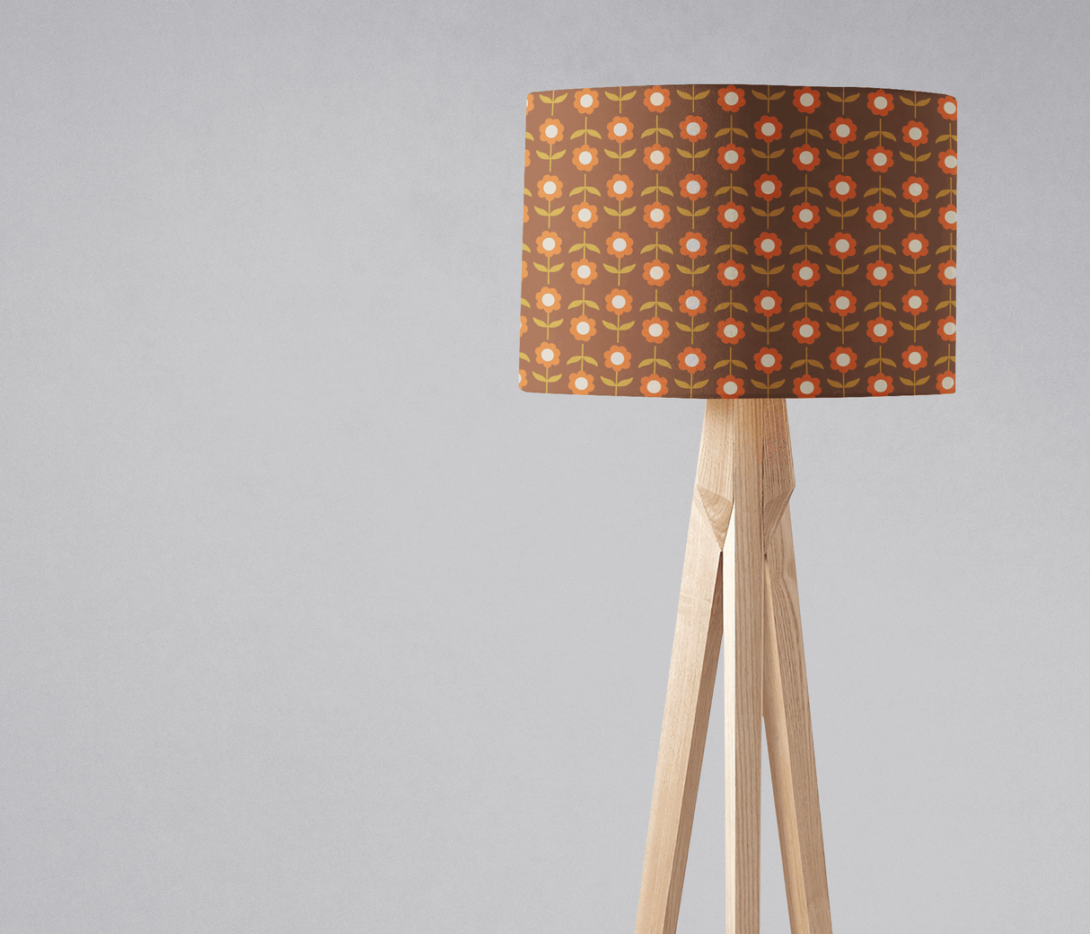 Shadow Bright Retro Patterned Lampshade on a Wooden Tripod Floor Lamp