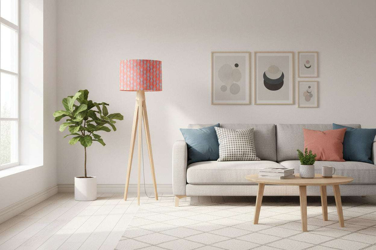 Stylish Shadow Bright lampshade in vibrant coral patterns on a modern floor lamp in a bright living room