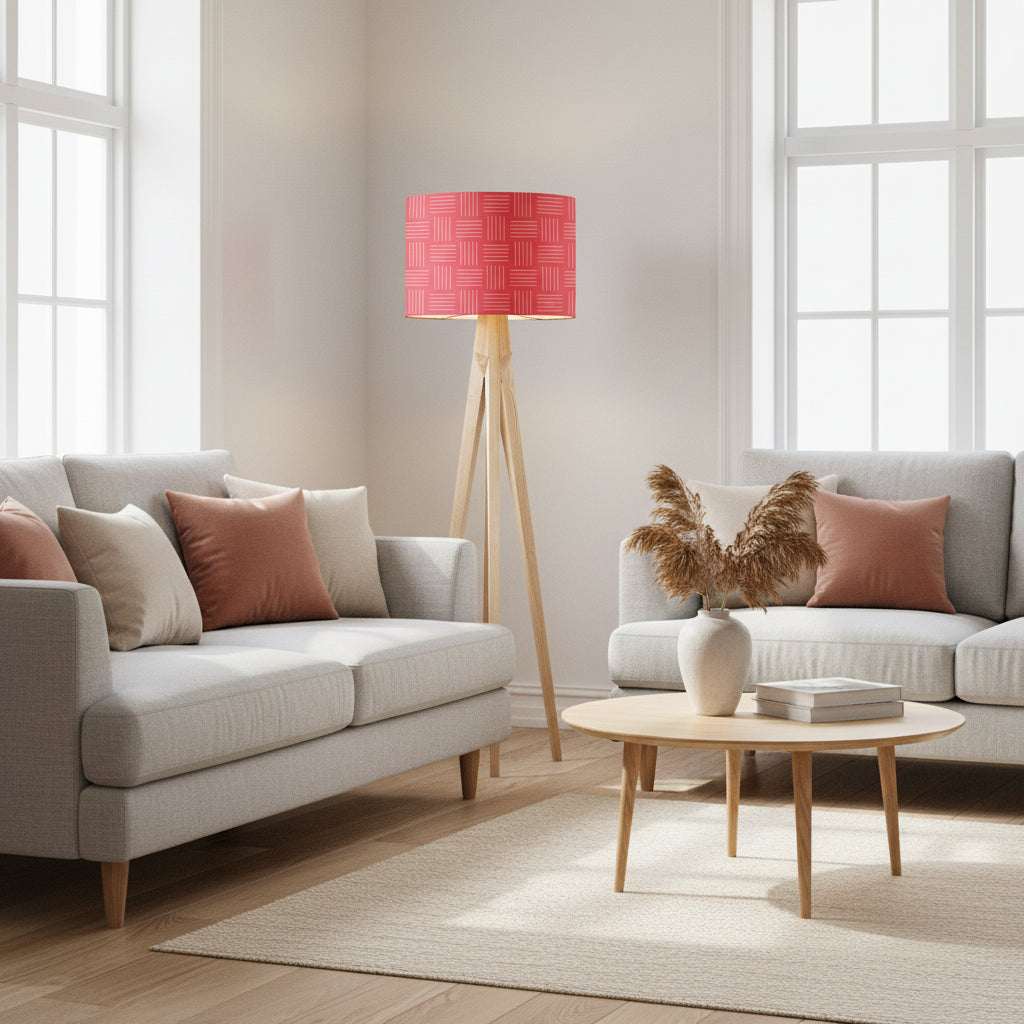 Shadow Bright lampshade in red on a stylish floor lamp, enhancing a modern living room space