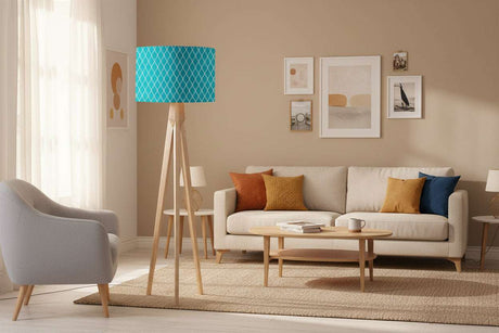 Shadow Bright lampshade in turquoise, enhancing a stylish living room with modern decor