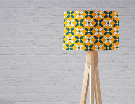 Vibrant yellow and teal patterned lampshade by Shadow Bright for stylish home decor