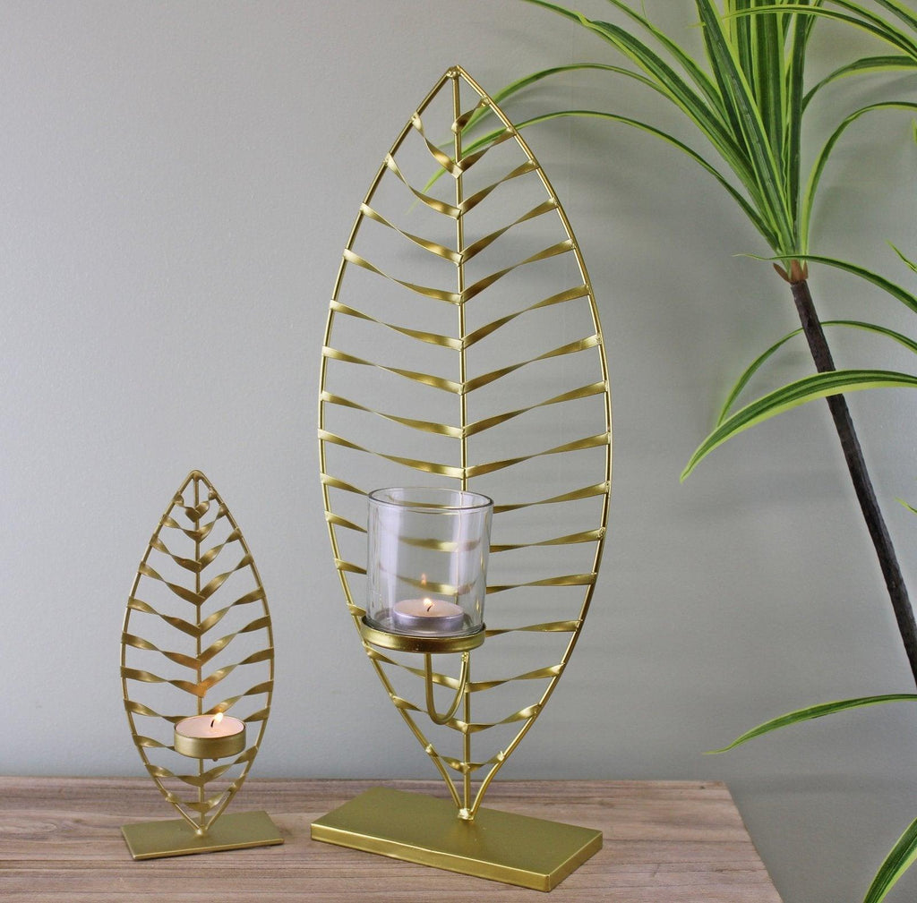 Large Gold Leaf Candle Holder with Glass Jar Geko Products