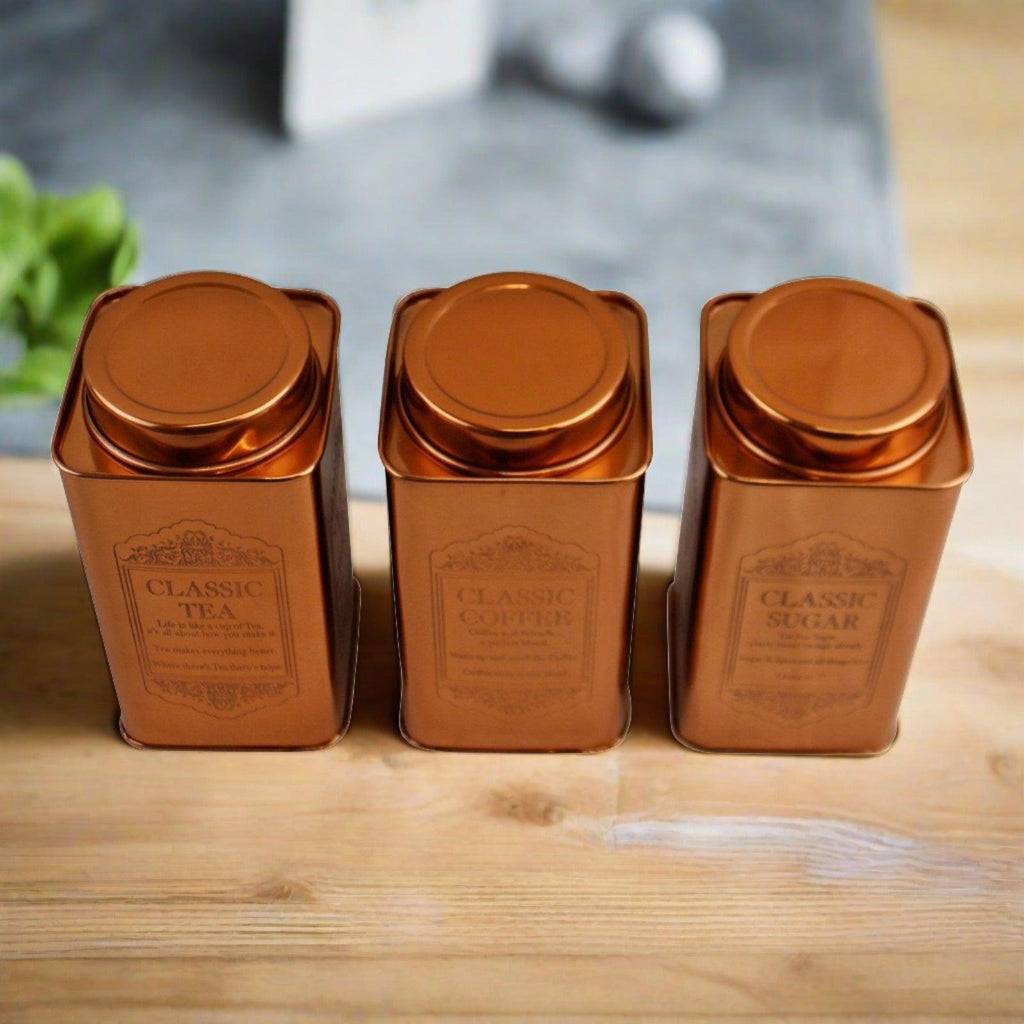 Large Metal Copper Coloured Tea, Coffee & Sugar Storage Tins Geko Products