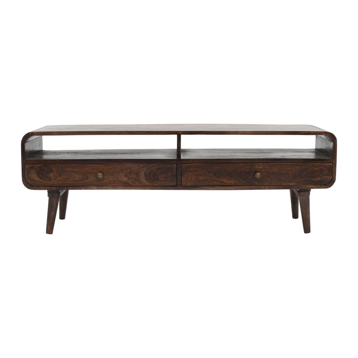 Verty Furniture Large TV Stand in dark wood with two drawers and open shelving for media storage