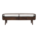 Verty Furniture Large TV Stand in dark wood with two drawers and open shelving for media storage