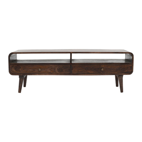 Verty Furniture Large TV Stand in dark wood with two drawers and open shelving for media storage