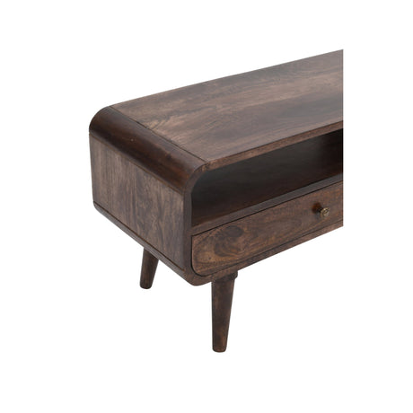 Verty Furniture Large TV Stand with a sleek design and storage drawer in a dark wood finish