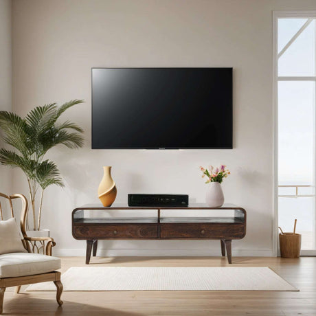 Verty Furniture Large TV Stand in modern living room setting with stylish decor and plants