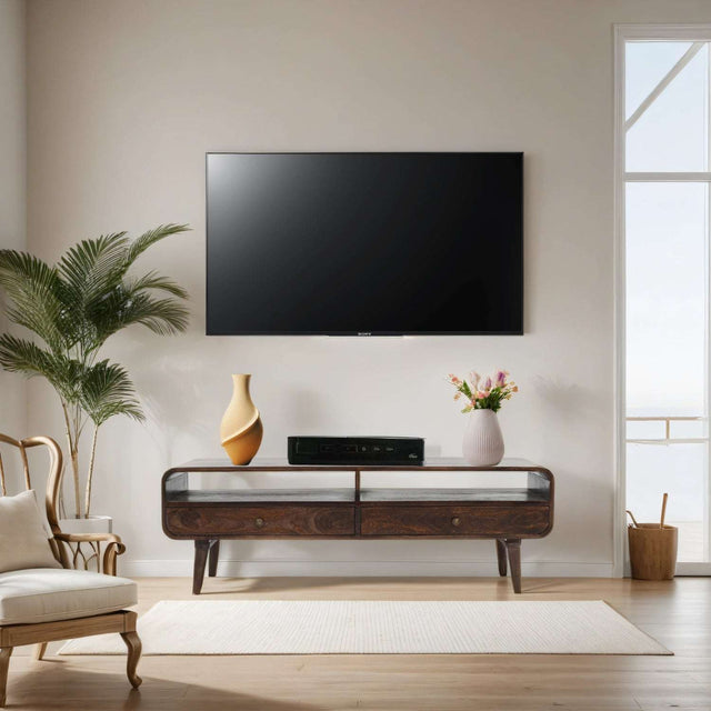 Verty Furniture Large TV Stand in modern living room setting with stylish decor and plants