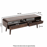 Verty Furniture Large TV Stand in a dark wood finish with drawers and open shelves for media storage