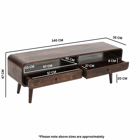 Verty Furniture Large TV Stand in a dark wood finish with drawers and open shelves for media storage