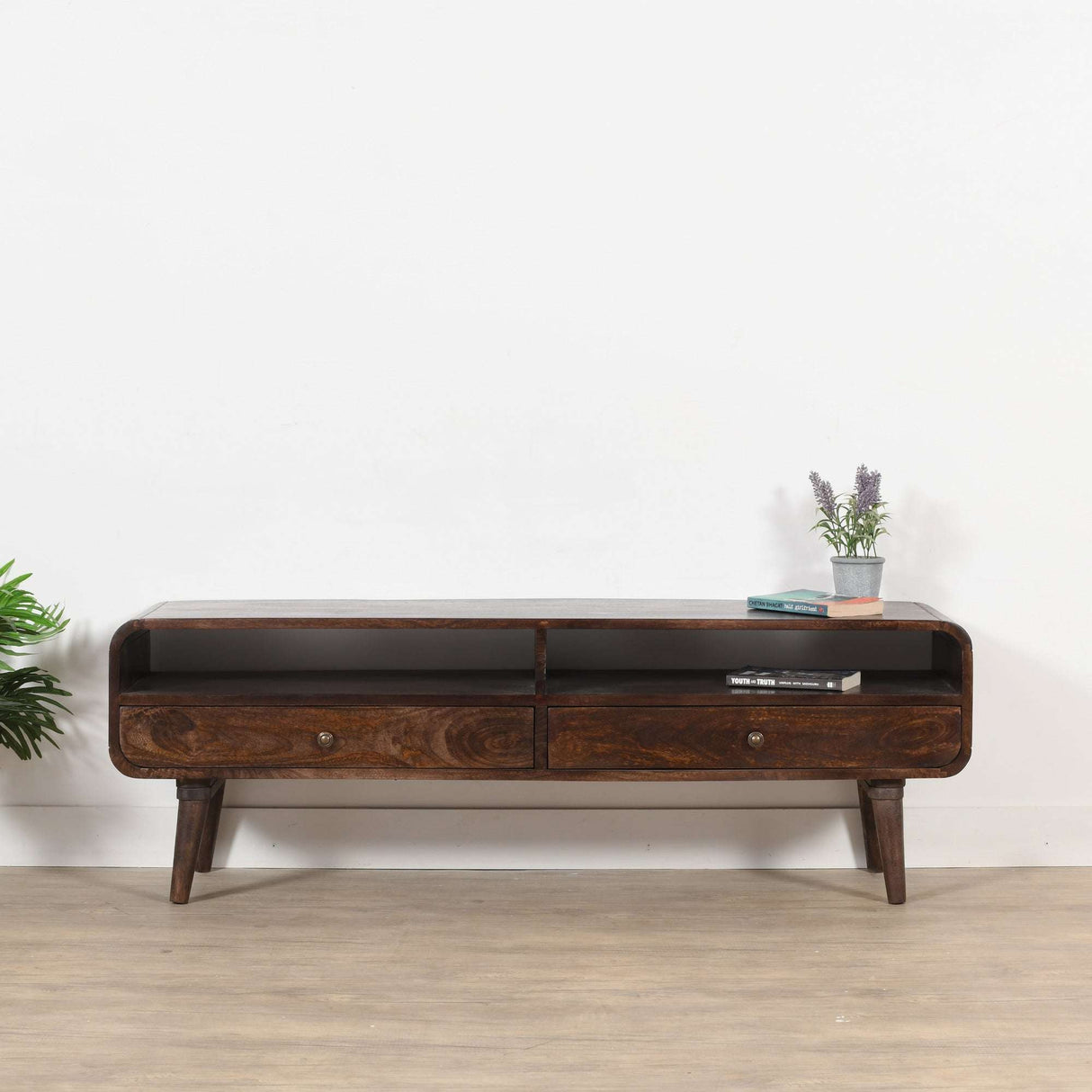 Large TV Stand by Verty Furniture with two drawers and open shelves for storage and display