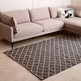 Orsina Lattice Rug in grey and white, placed under a stylish modern couch for a chic living room look