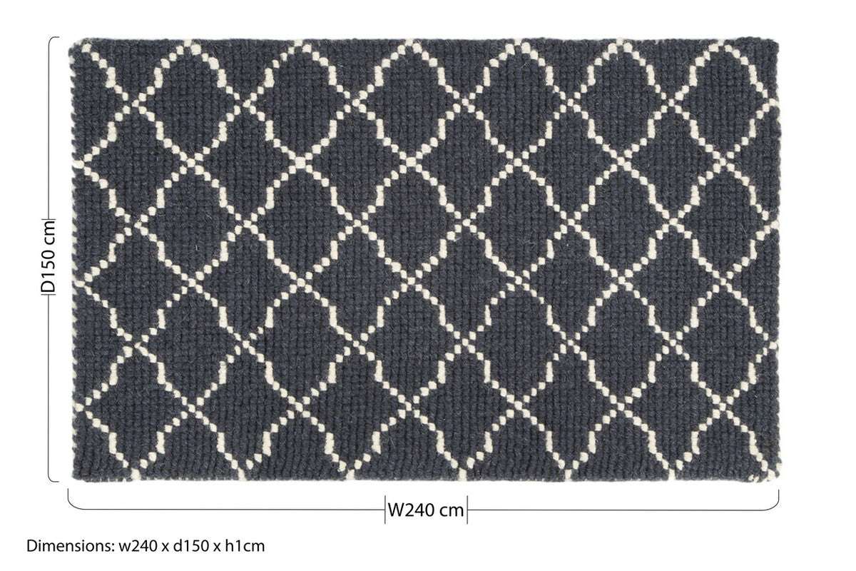 Orsina Lattice Rug in navy blue with cream geometric pattern and dimensions of 240x150 cm