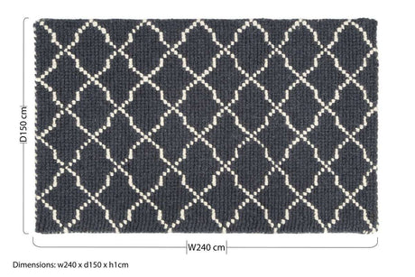 Orsina Lattice Rug in navy blue with cream geometric pattern and dimensions of 240x150 cm