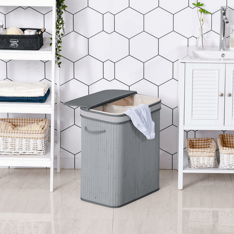 100L Flip Lid Bamboo Laundry Basket Grey HOMCOM