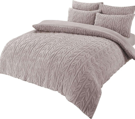 OLIVIA ROCCO Fleece Duvet Set in Taupe with Textured Leaf Design and Matching Pillow Covers