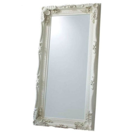 Elegant Leaner Mirror with ornate white frame, perfect for adding sophistication to any room