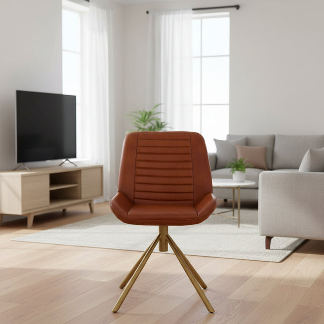 Orsina Leather Chair in warm brown with stylish ribbed design and gold legs for modern interiors