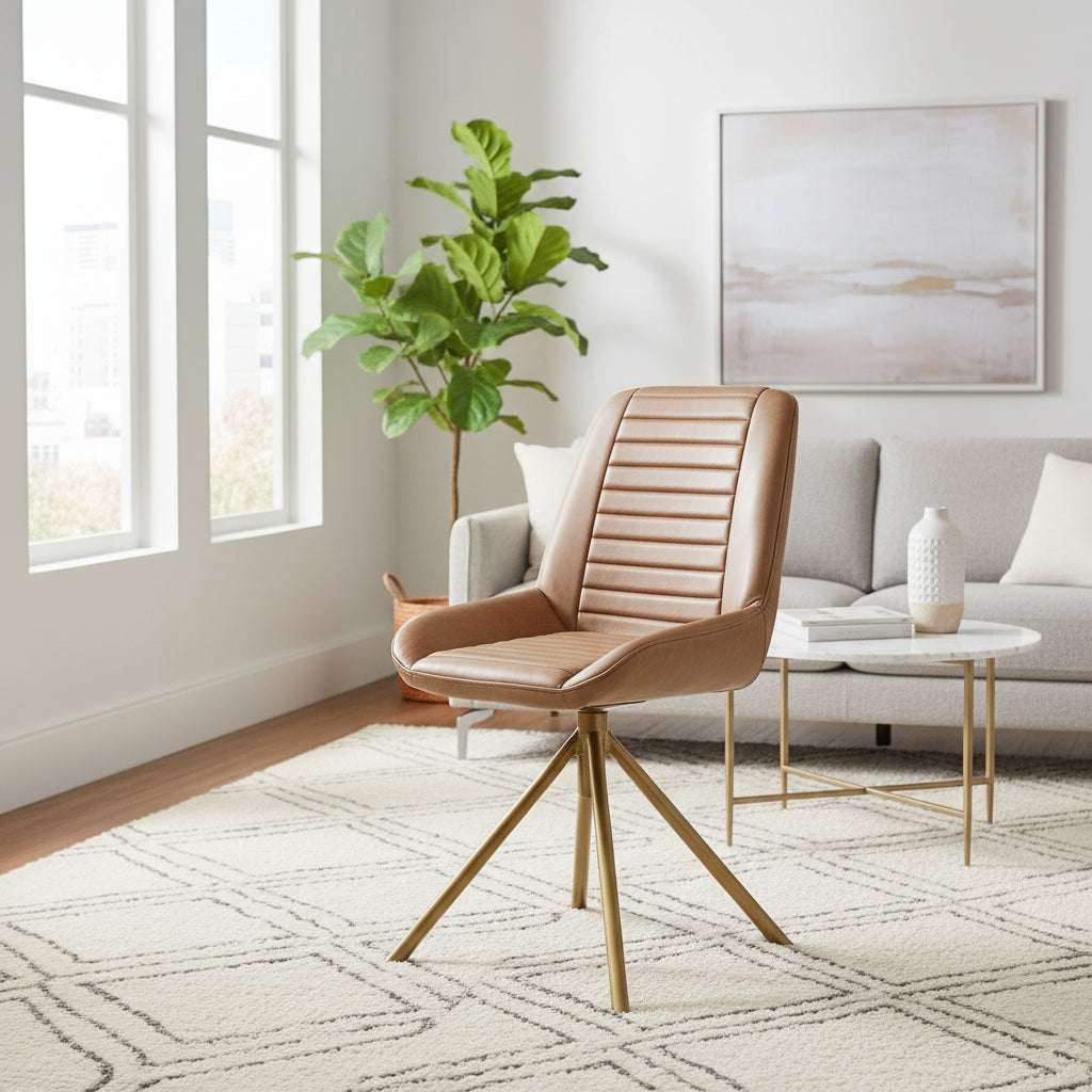 Orsina Leather Chair with Modern Lines and Stylish Gold Legs in a Bright Living Room Setting