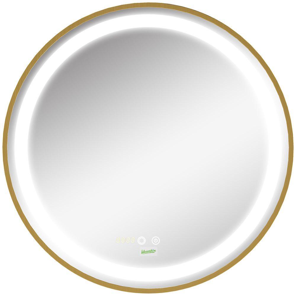 LED Bathroom Mirror Wall Mounted Round Vanity Mirror w/ Lights, Time Display kleankin