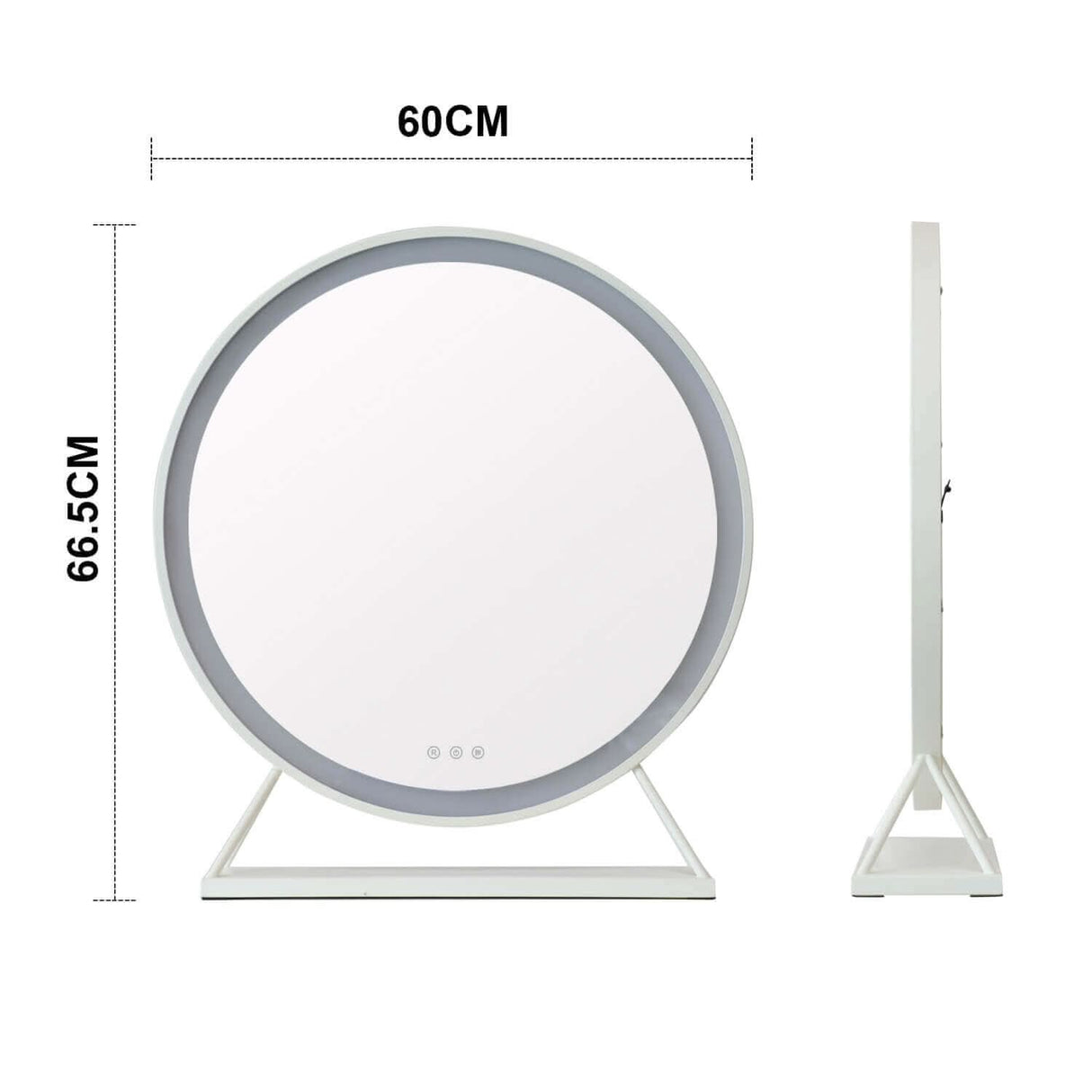 Stylish LED Mirror with a round design and adjustable stand measuring 60cm by 66.5cm for vanity use