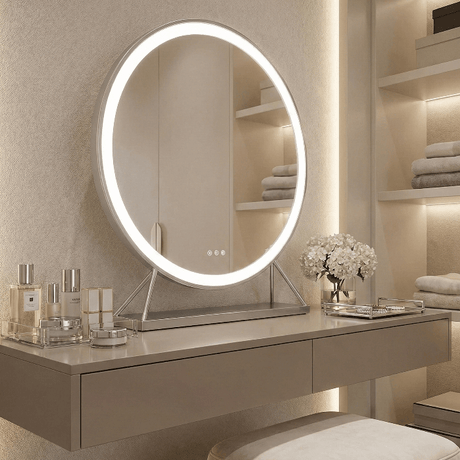 Stylish Hollywood LED Mirror with a Circular Design and Bright Backlighting on a Vanity Table