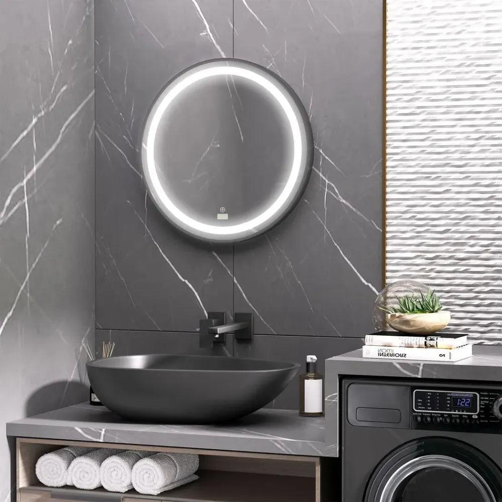 LED Smart Bathroom Mirror Wall Mounted Round Vanity Mirror w/ Lights, Black kleankin