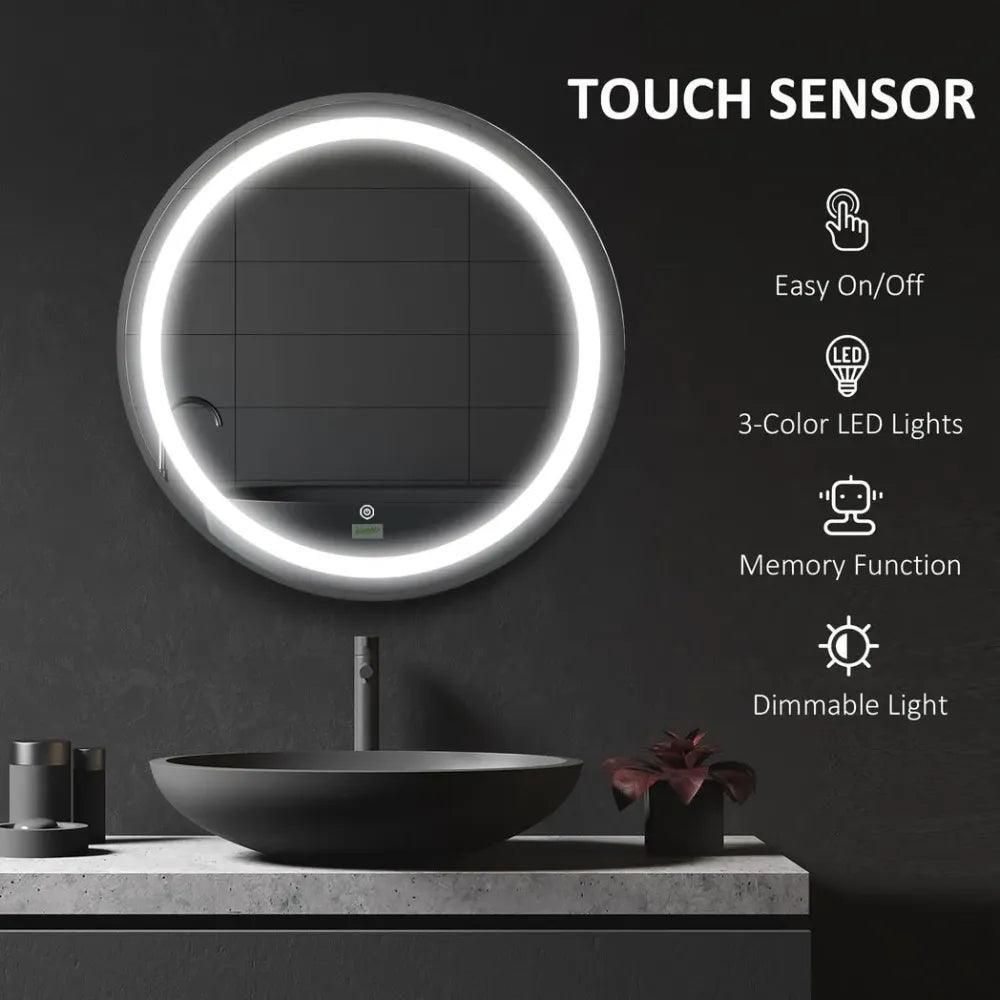 LED Smart Bathroom Mirror Wall Mounted Round Vanity Mirror w/ Lights, Black kleankin