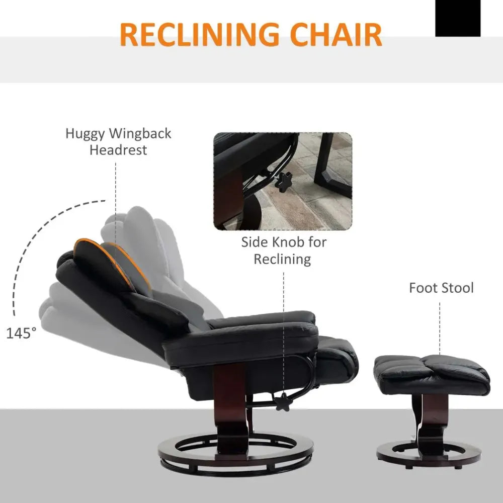 Padded PU Leather Manual Reclining Armchair Sofa Chair With Footstool Black Unbranded