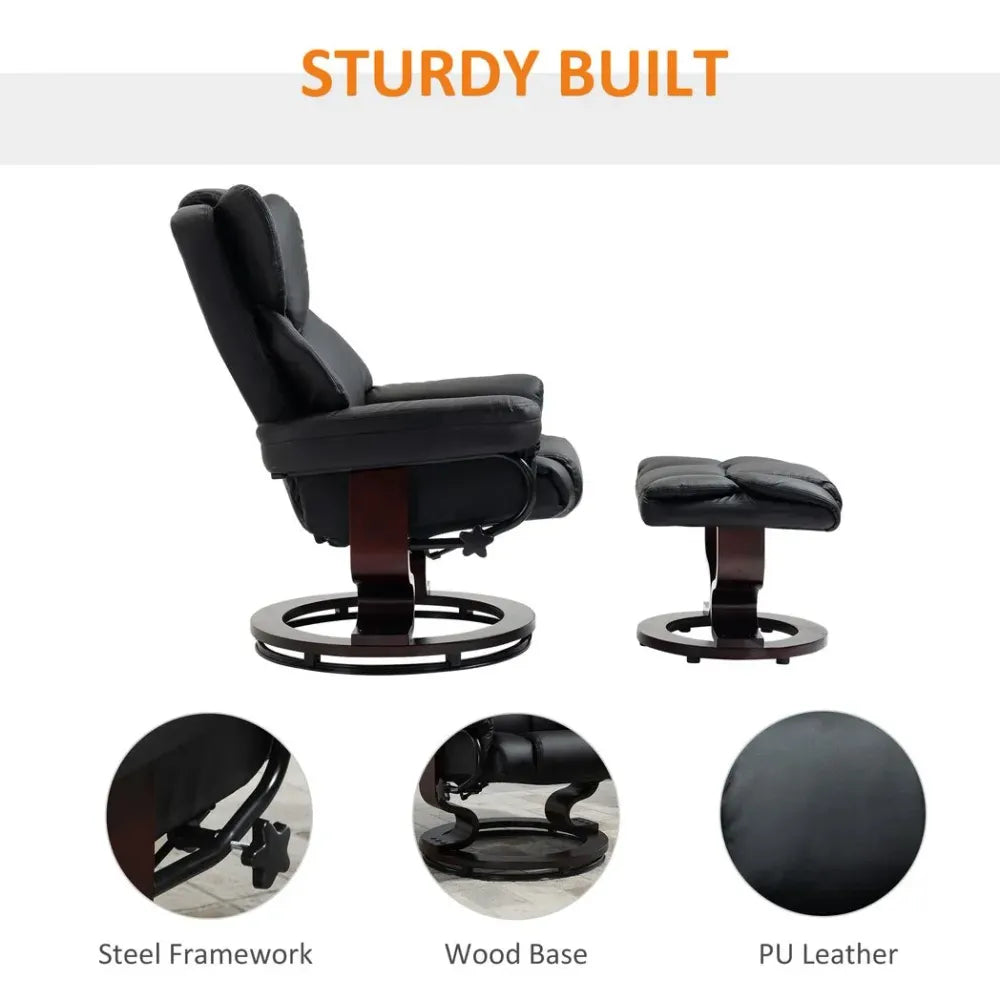 Padded PU Leather Manual Reclining Armchair Sofa Chair With Footstool Black Unbranded