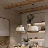 Nisu Home Light Pendant in Modern Design with Natural Wood and Cream Fabric Shade for Dining Room Decor